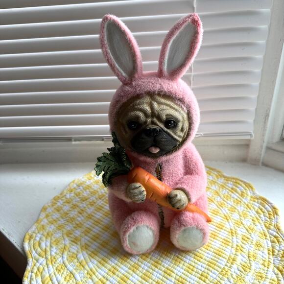 Pug Dressed in Pink Fuzzy Bunny Suit Figurine NWT - Picture 8 of 8